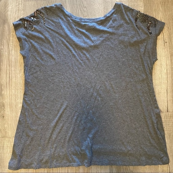 BEVERLY DRIVE Cotton/ Modal Blend Gray Jersey Knit Beaded Shoulder Tee Top 1X - Picture 4 of 4
